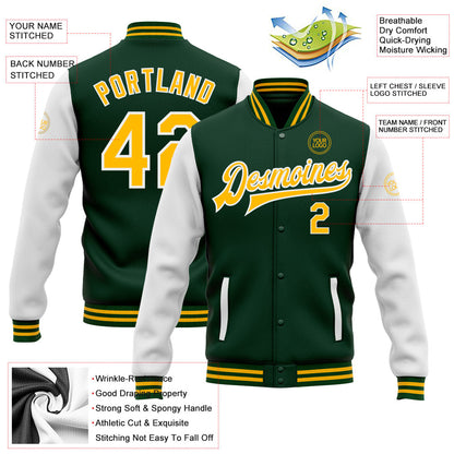 Custom Green Gold-White Bomber Full-Snap Varsity Letterman Two Tone Jacket