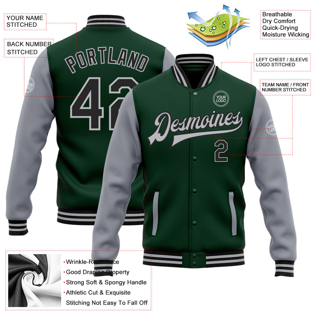 Custom Green Black-Gray Bomber Full-Snap Varsity Letterman Two Tone Jacket