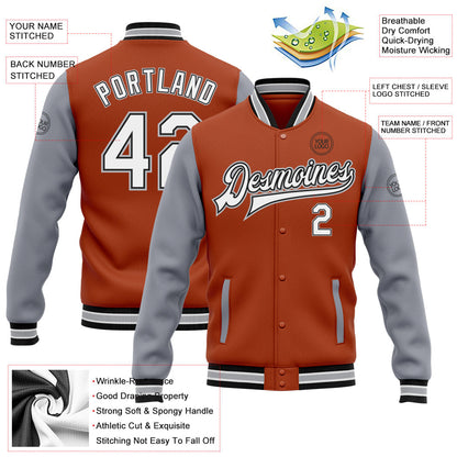 Custom Texas Orange White Black-Gray Bomber Full-Snap Varsity Letterman Two Tone Jacket