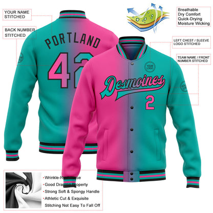 Custom Aqua Pink-Black Bomber Full-Snap Varsity Letterman Gradient Fashion Jacket