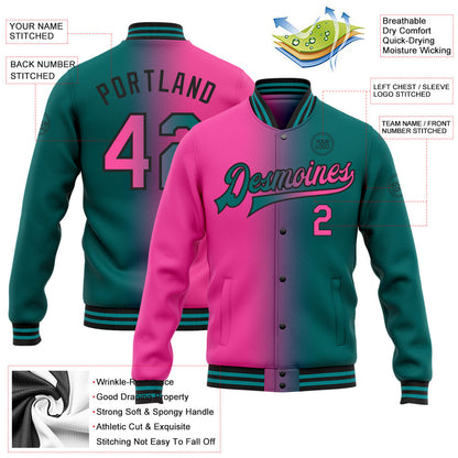 Custom Teal Pink-Black Bomber Full-Snap Varsity Letterman Gradient Fashion Jacket