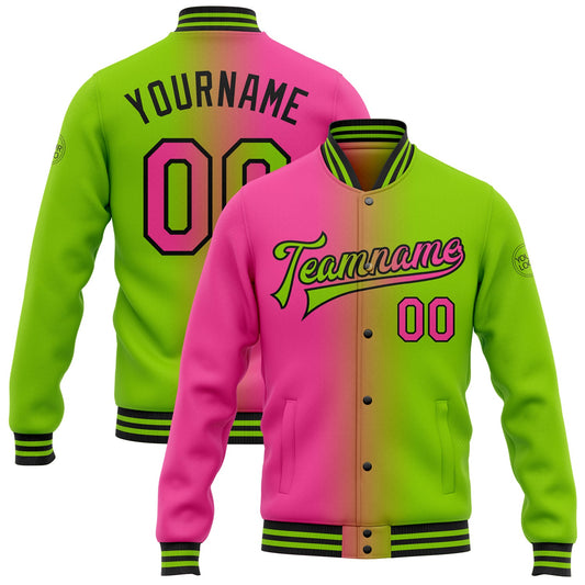 Custom Neon Green Pink-Black Bomber Full-Snap Varsity Letterman Gradient Fashion Jacket