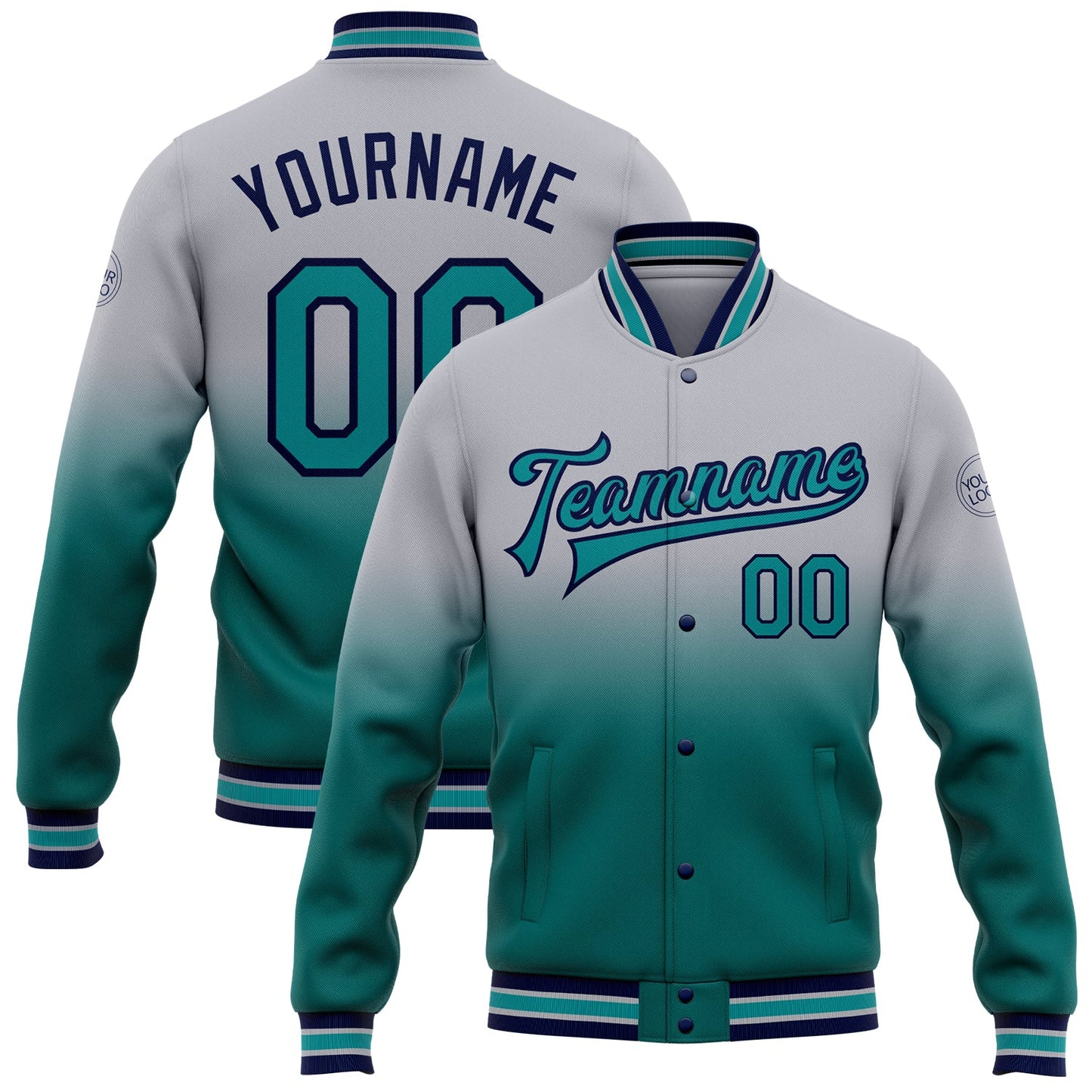 Custom Gray Teal-Navy Bomber Full-Snap Varsity Letterman Fade Fashion Jacket