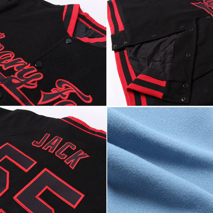 Custom Light Blue Red-White Bomber Full-Snap Varsity Letterman Two Tone Jacket