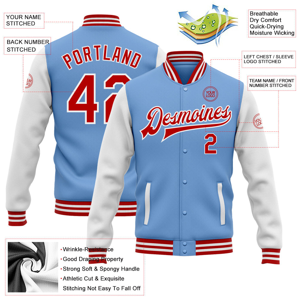 Custom Light Blue Red-White Bomber Full-Snap Varsity Letterman Two Tone Jacket