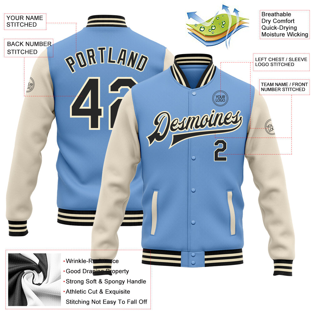 Custom Light Blue Black-Cream Bomber Full-Snap Varsity Letterman Two Tone Jacket