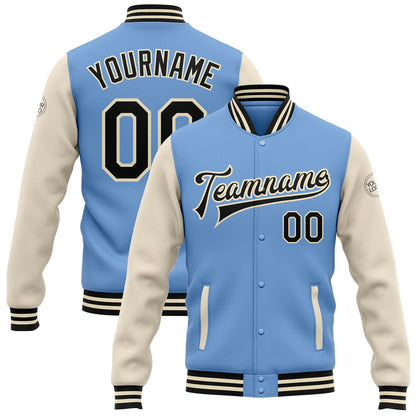 Custom Light Blue Black-Cream Bomber Full-Snap Varsity Letterman Two Tone Jacket