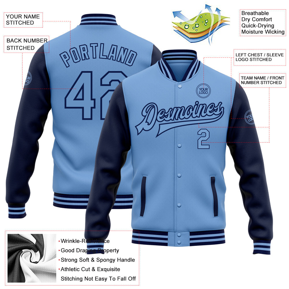 Custom Light Blue Navy Bomber Full-Snap Varsity Letterman Two Tone Jacket