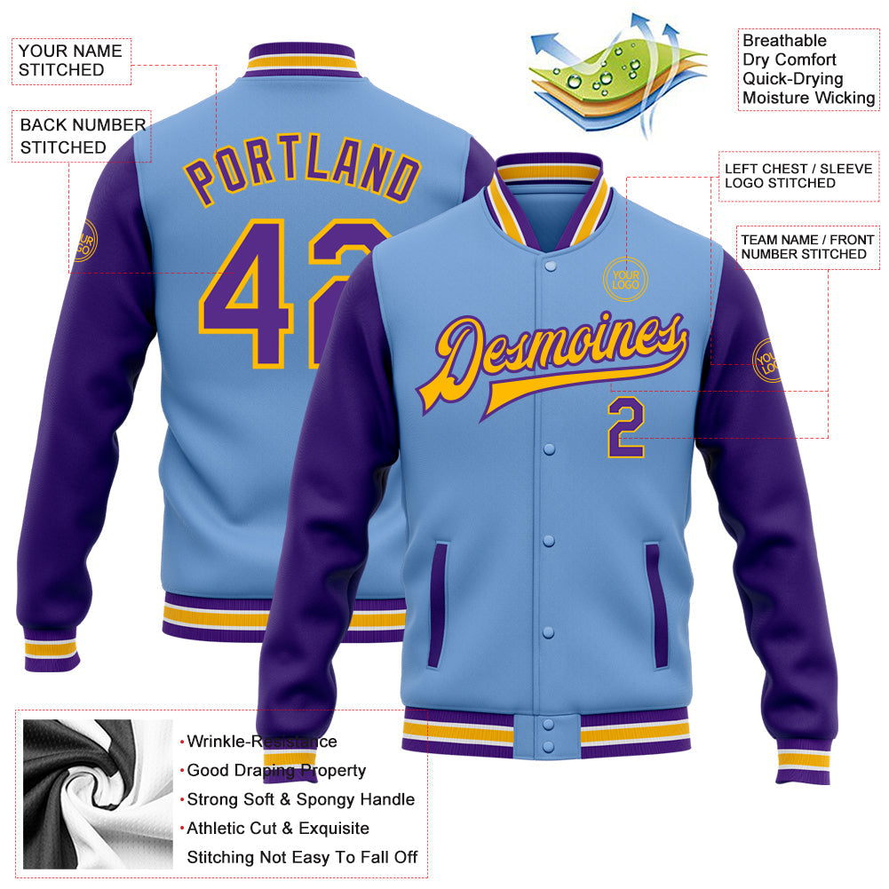 Custom Light Blue Purple-Gold Bomber Full-Snap Varsity Letterman Two Tone Jacket