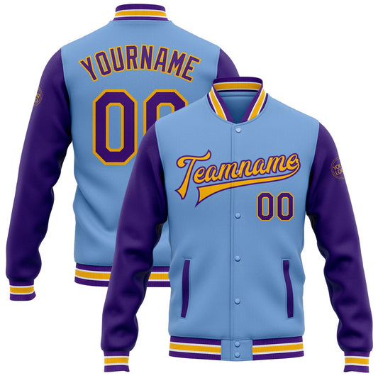 Custom Light Blue Purple-Gold Bomber Full-Snap Varsity Letterman Two Tone Jacket