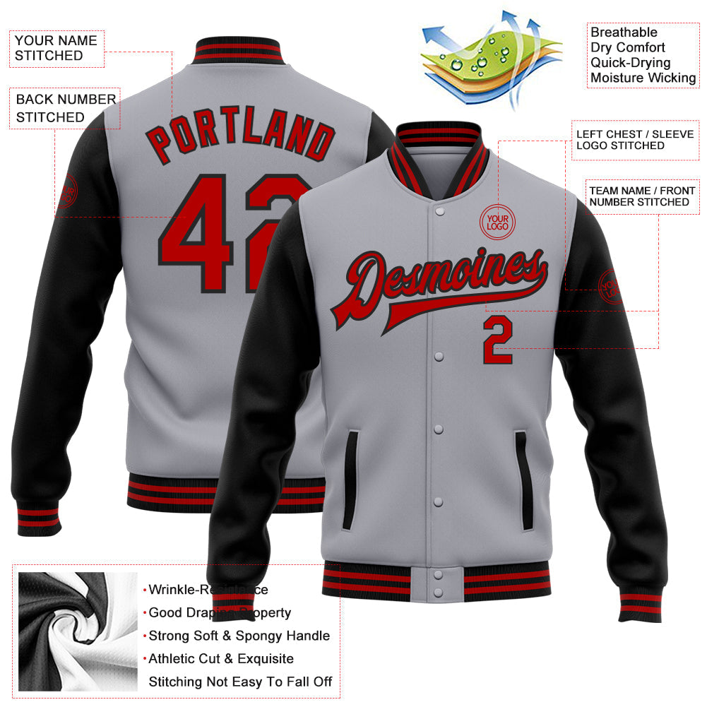 Custom Gray Red-Black Bomber Full-Snap Varsity Letterman Two Tone Jacket