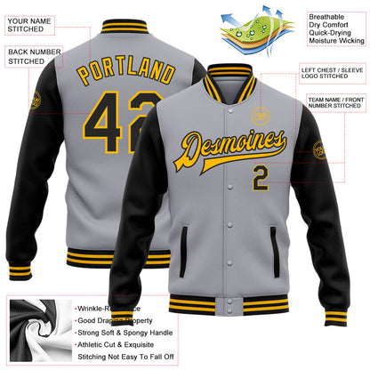 Custom Gray Black-Gold Bomber Full-Snap Varsity Letterman Two Tone Jacket