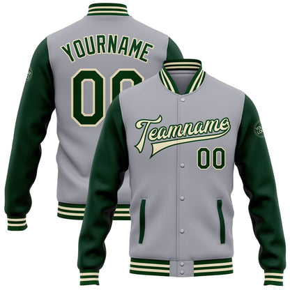 Custom Gray Green-Cream Bomber Full-Snap Varsity Letterman Two Tone Jacket