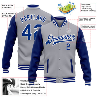 Custom Gray Royal-White Bomber Full-Snap Varsity Letterman Two Tone Jacket