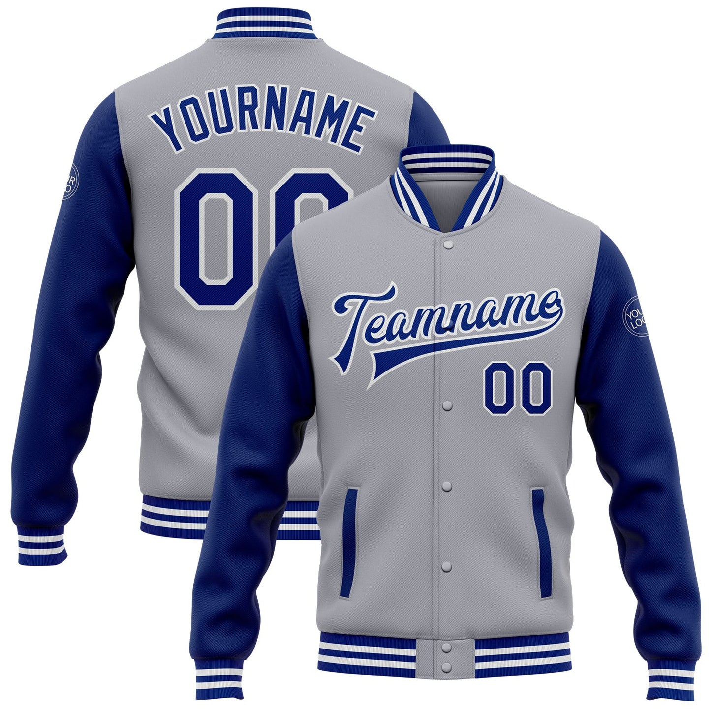 Custom Gray Royal-White Bomber Full-Snap Varsity Letterman Two Tone Jacket