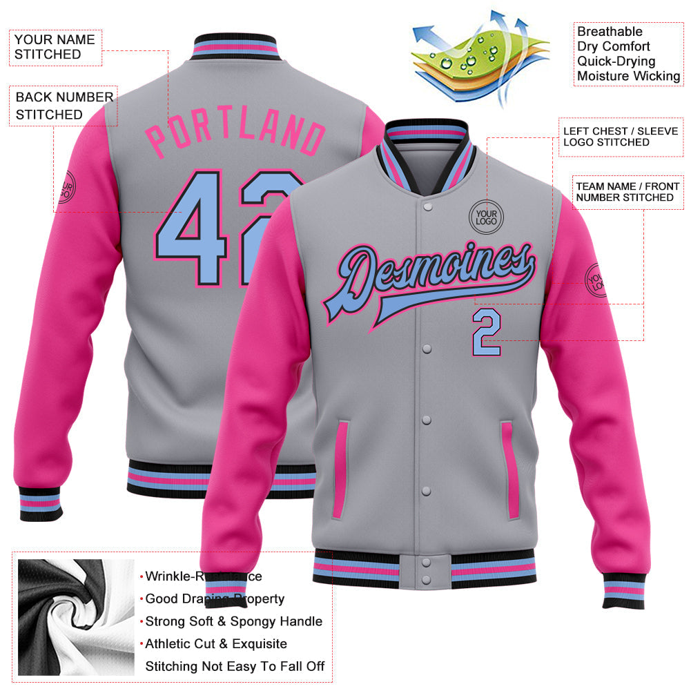 Custom Gray Light Blue Black-Pink Bomber Full-Snap Varsity Letterman Two Tone Jacket