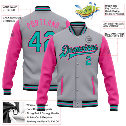 Custom Gray Aqua Black-Pink Bomber Full-Snap Varsity Letterman Two Tone Jacket