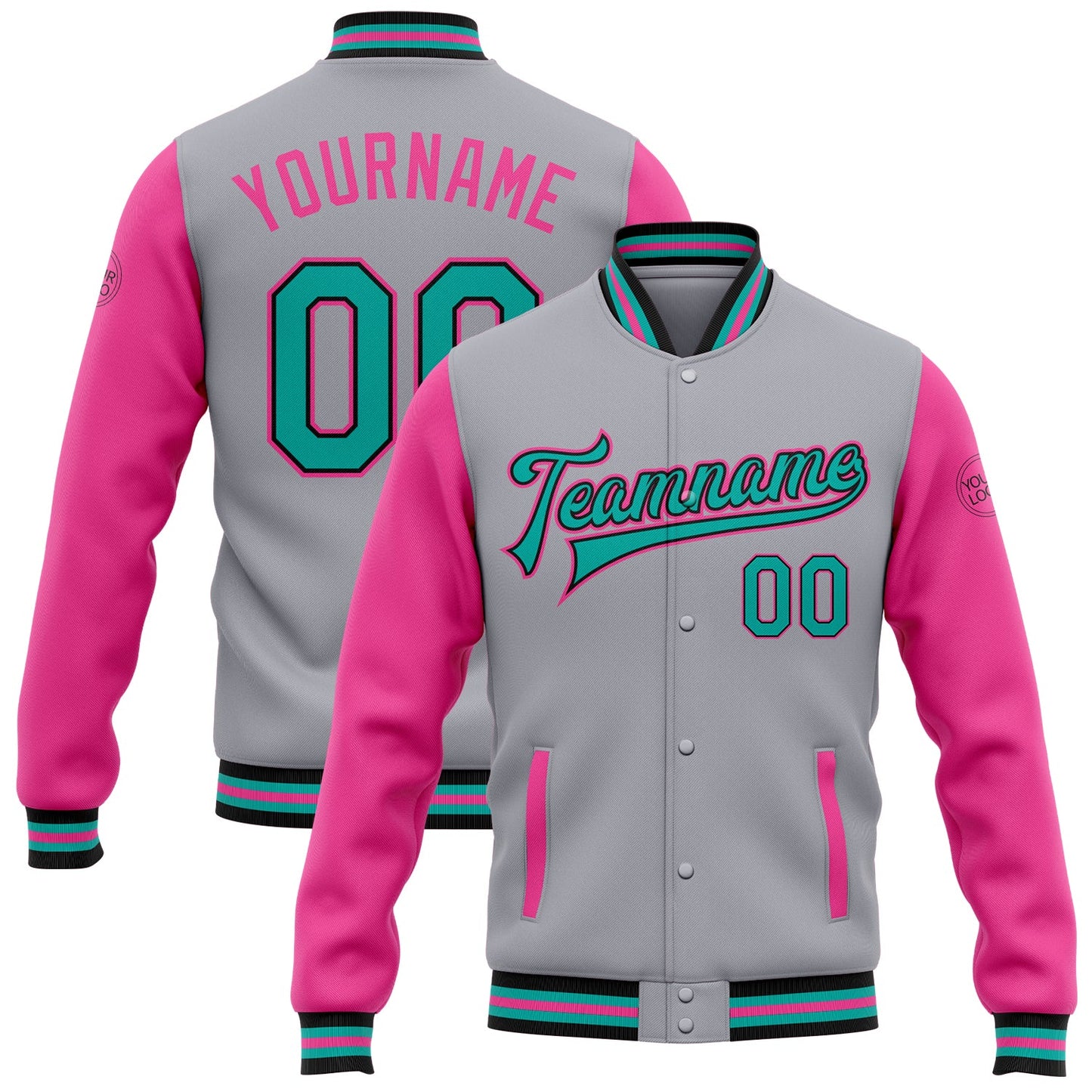 Custom Gray Aqua Black-Pink Bomber Full-Snap Varsity Letterman Two Tone Jacket