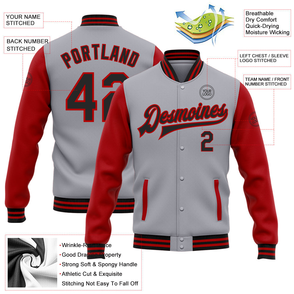 Custom Gray Black-Red Bomber Full-Snap Varsity Letterman Two Tone Jacket