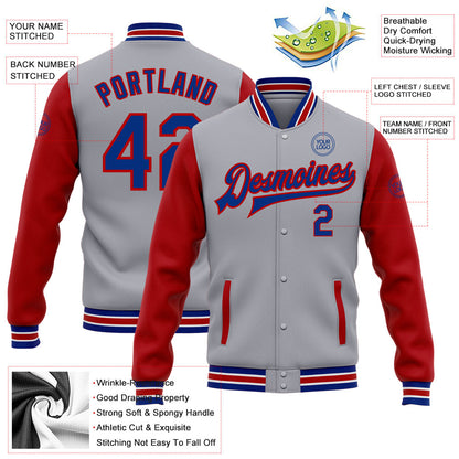 Custom Gray Royal-Red Bomber Full-Snap Varsity Letterman Two Tone Jacket