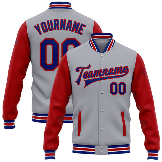 Custom Gray Royal-Red Bomber Full-Snap Varsity Letterman Two Tone Jacket