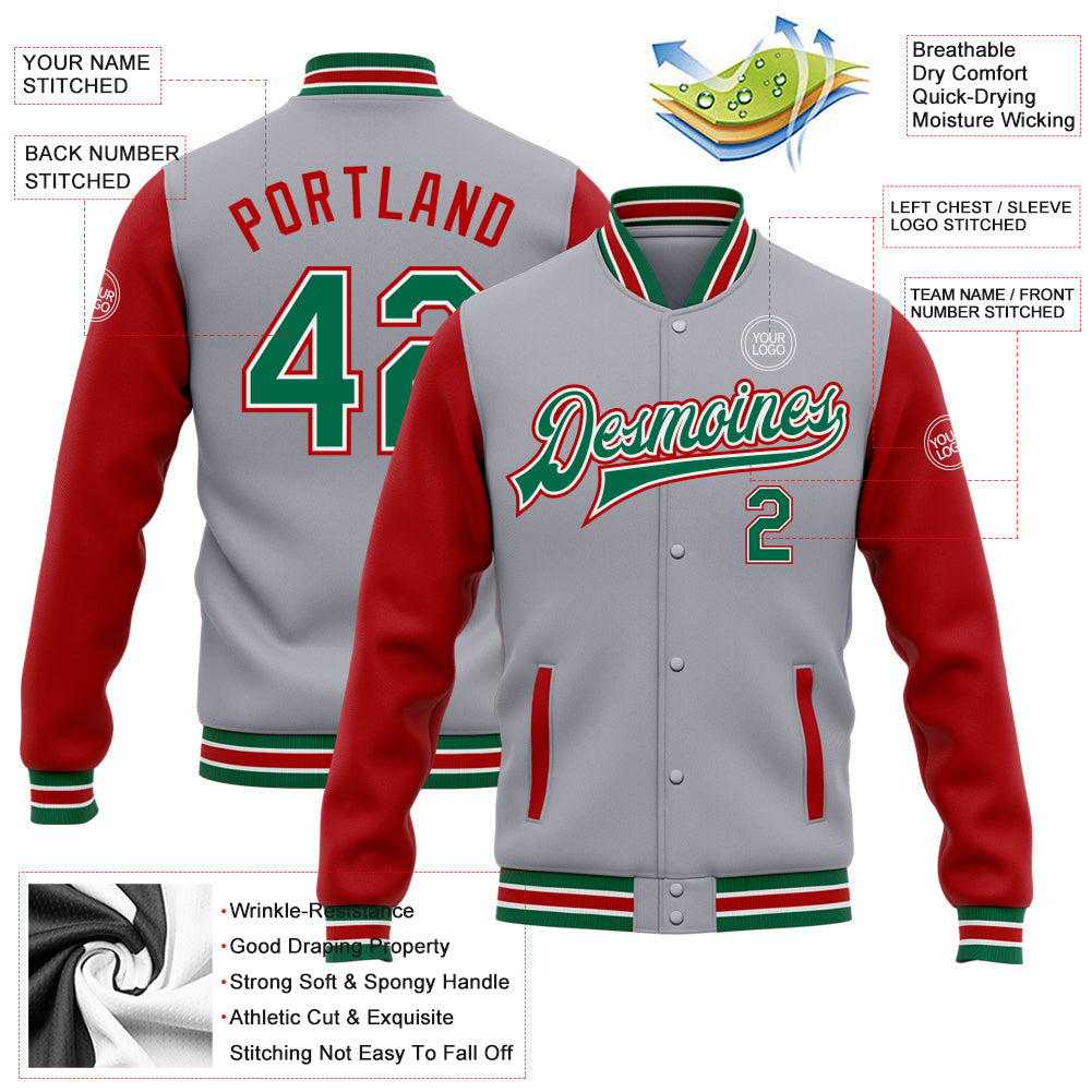 Custom Gray Kelly Green-Red Bomber Full-Snap Varsity Letterman Two Tone Jacket