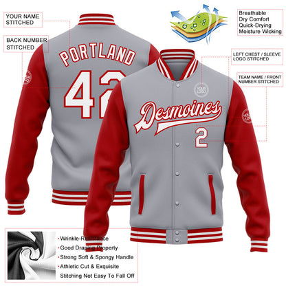 Custom Gray White-Red Bomber Full-Snap Varsity Letterman Two Tone Jacket