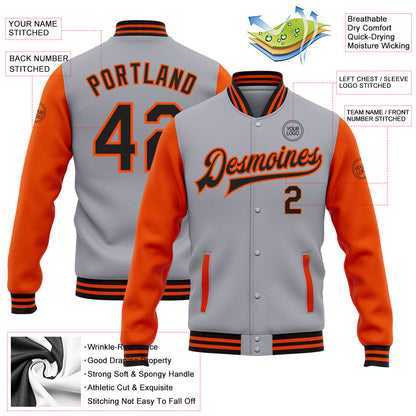 Custom Gray Black-Orange Bomber Full-Snap Varsity Letterman Two Tone Jacket