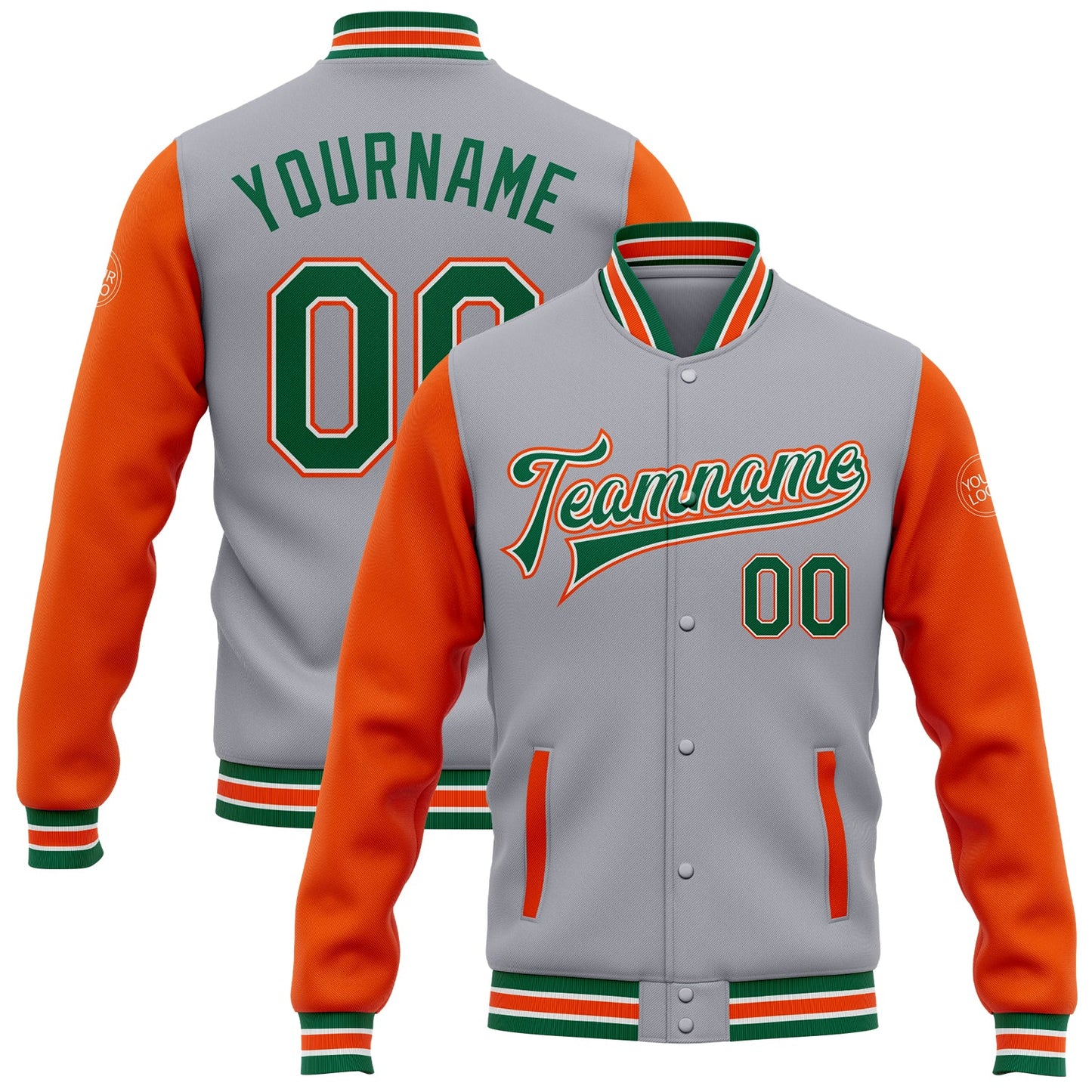 Custom Gray Kelly Green-Orange Bomber Full-Snap Varsity Letterman Two Tone Jacket