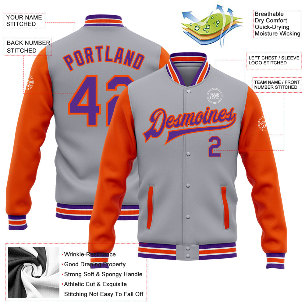 Custom Gray Purple-Orange Bomber Full-Snap Varsity Letterman Two Tone Jacket