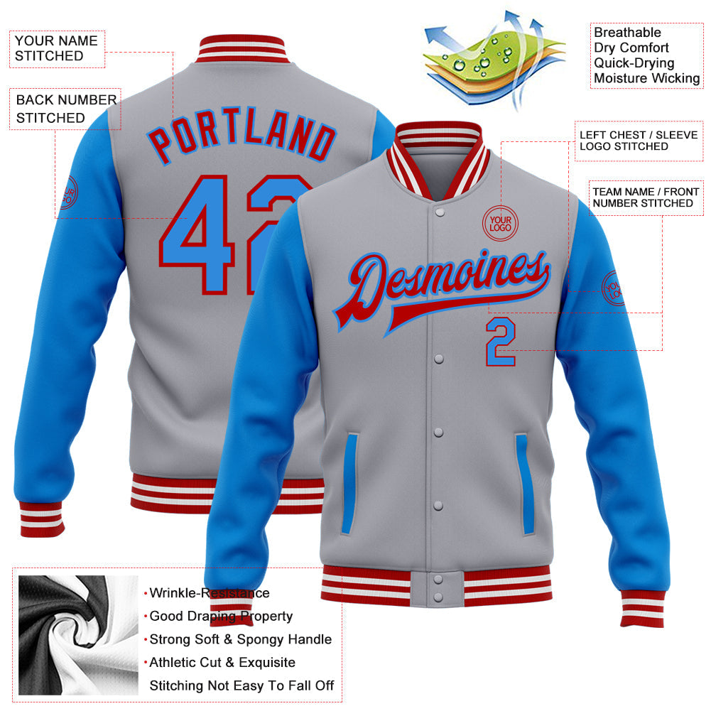 Custom Gray Electric Blue-Red Bomber Full-Snap Varsity Letterman Two Tone Jacket