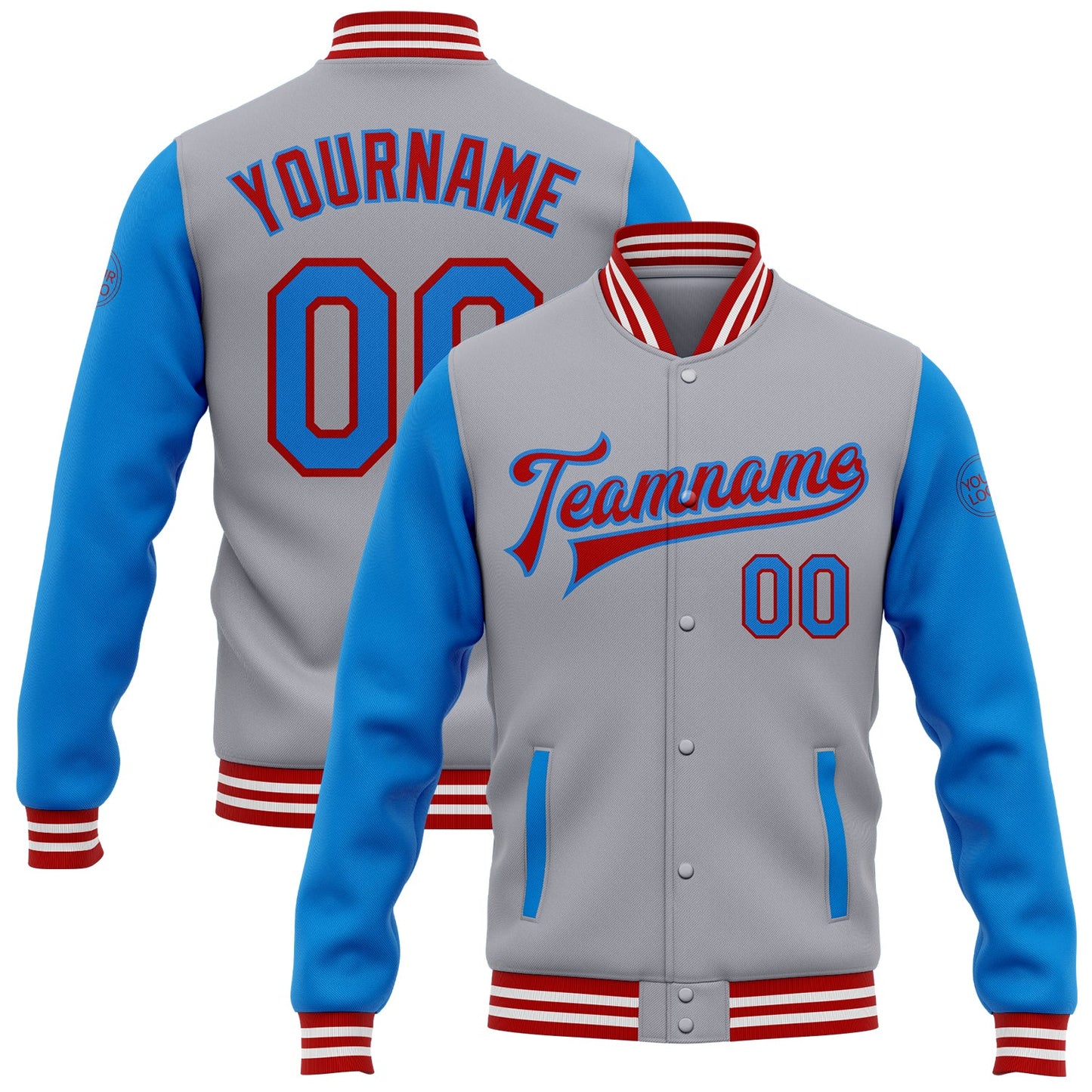 Custom Gray Electric Blue-Red Bomber Full-Snap Varsity Letterman Two Tone Jacket