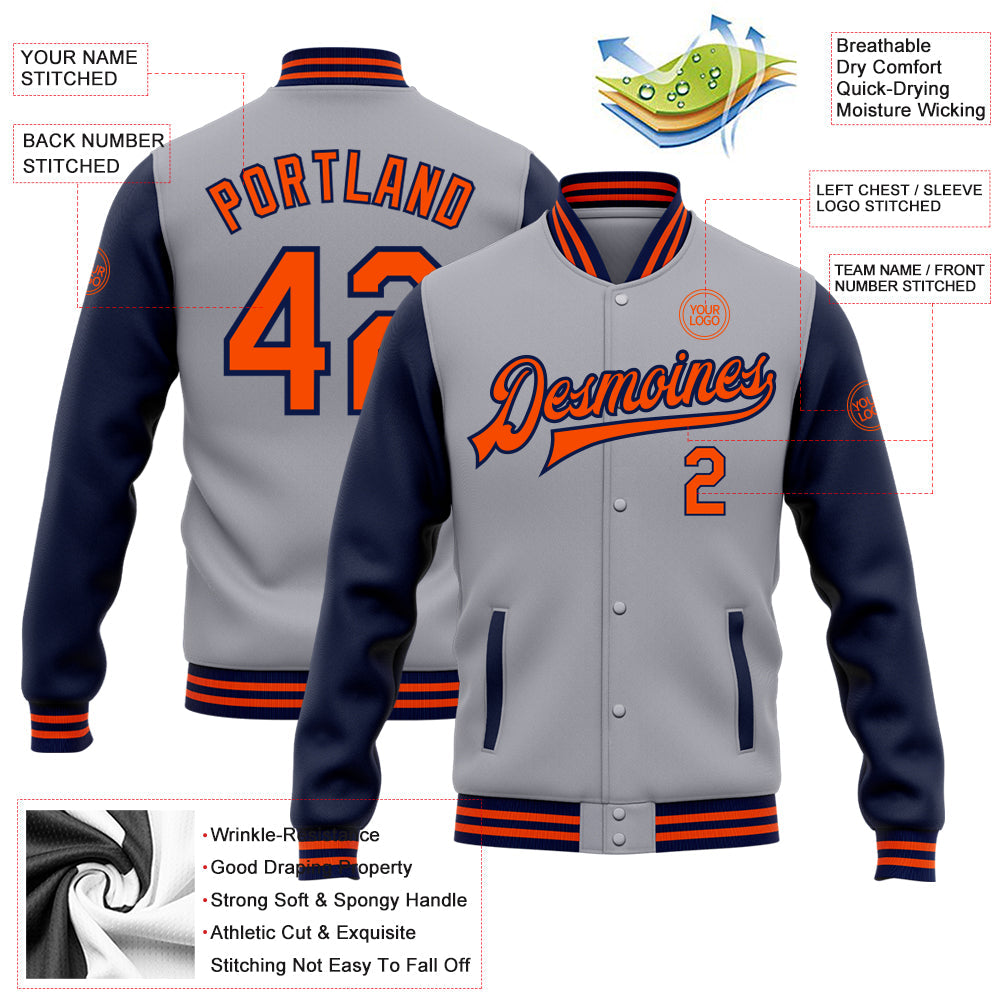 Custom Gray Orange-Navy Bomber Full-Snap Varsity Letterman Two Tone Jacket