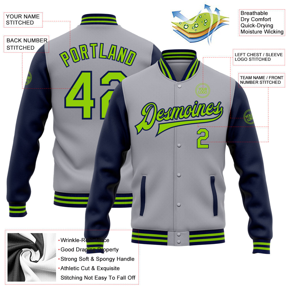 Custom Gray Neon Green-Navy Bomber Full-Snap Varsity Letterman Two Tone Jacket