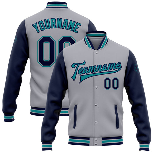 Custom Gray Navy-Teal Bomber Full-Snap Varsity Letterman Two Tone Jacket