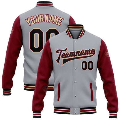 Custom Gray Black Crimson-City Cream Bomber Full-Snap Varsity Letterman Two Tone Jacket