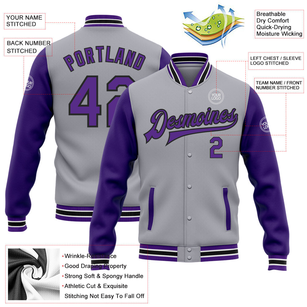 Custom Gray Purple-Black Bomber Full-Snap Varsity Letterman Two Tone Jacket