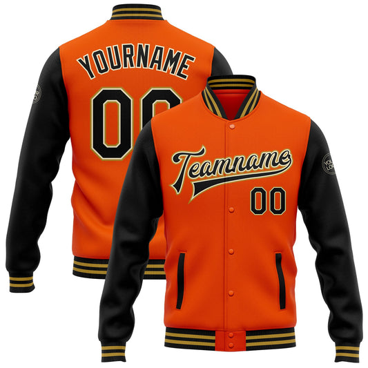 Custom Orange Black Cream-Old Gold Bomber Full-Snap Varsity Letterman Two Tone Jacket