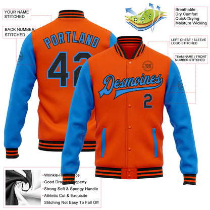 Custom Orange Black-Electric Blue Bomber Full-Snap Varsity Letterman Two Tone Jacket