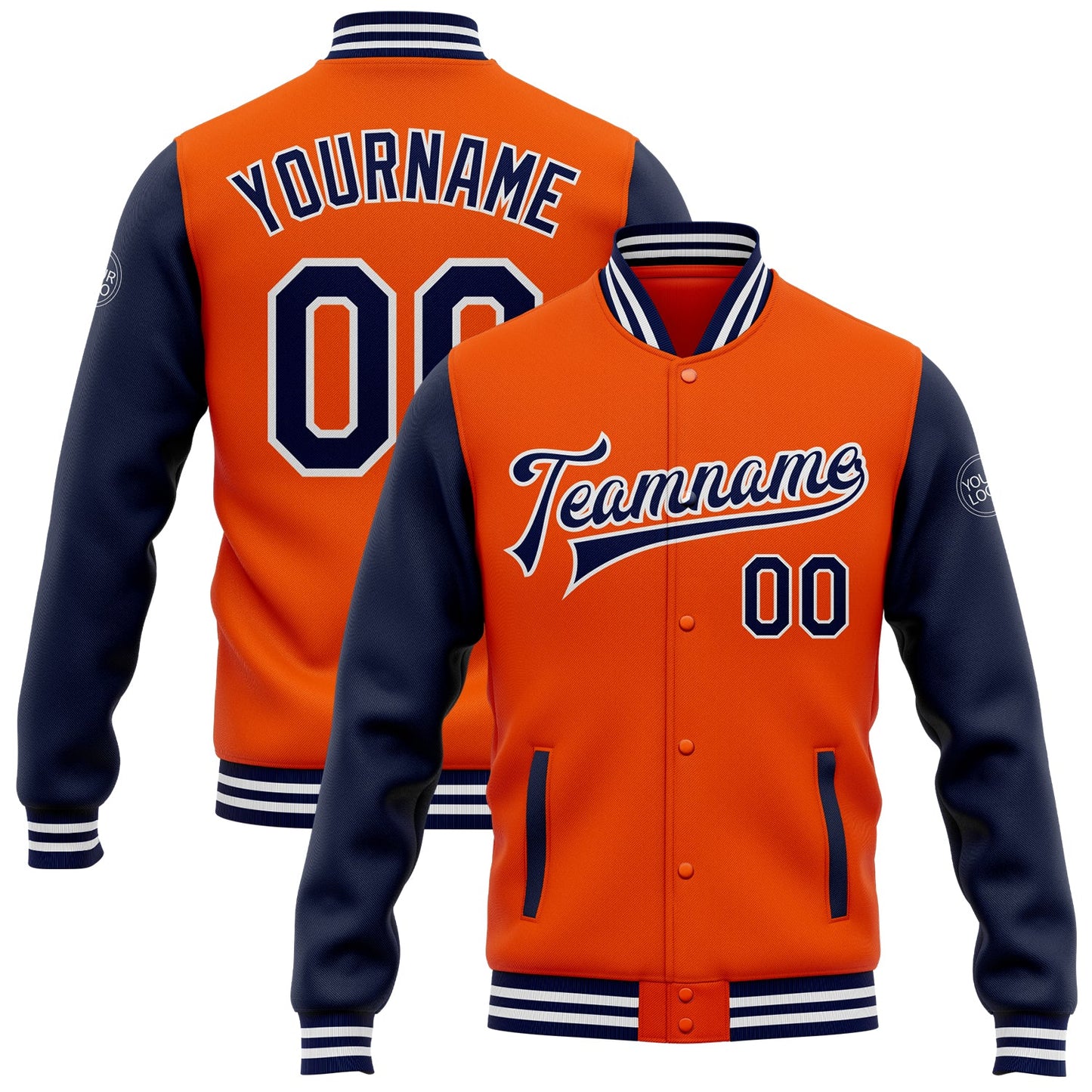 Custom Orange Navy-White Bomber Full-Snap Varsity Letterman Two Tone Jacket