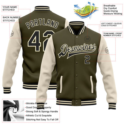 Custom Olive Black-Cream Bomber Full-Snap Varsity Letterman Two Tone Salute To Service Jacket