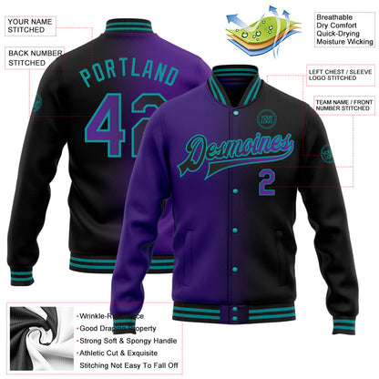 Custom Black Purple-Teal Bomber Full-Snap Varsity Letterman Gradient Fashion Jacket