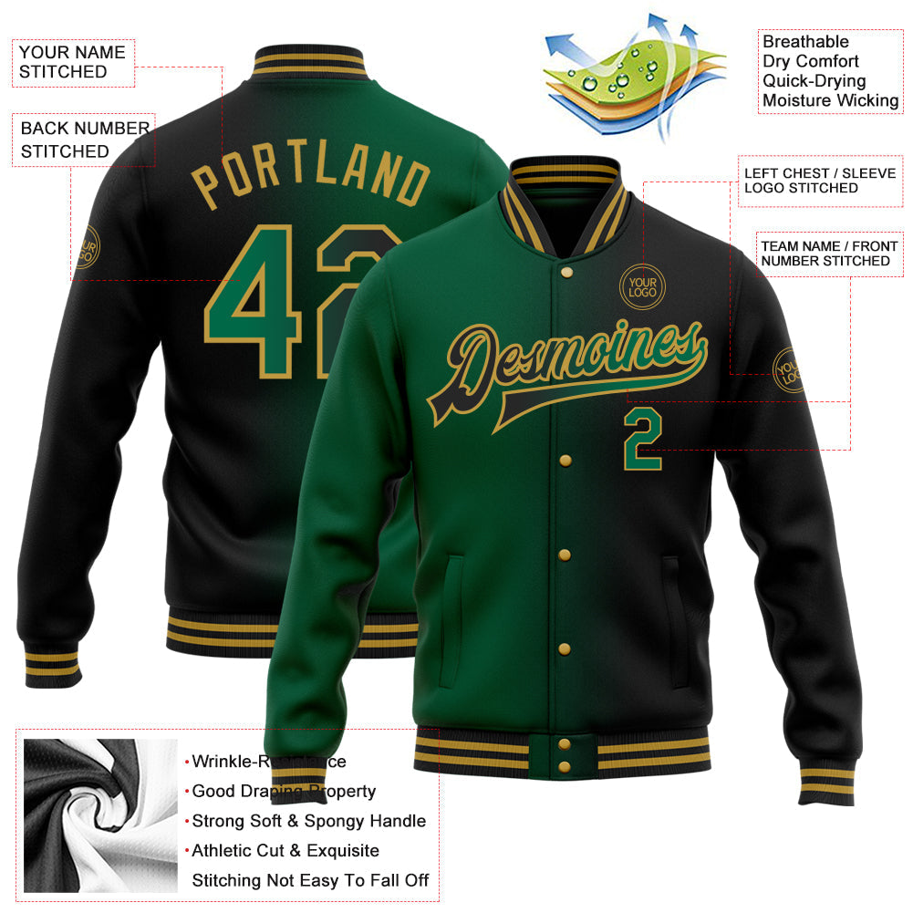 Custom Black Kelly Green-Old Gold Bomber Full-Snap Varsity Letterman Gradient Fashion Jacket