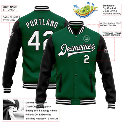 Custom Kelly Green White-Black Bomber Full-Snap Varsity Letterman Two Tone Jacket