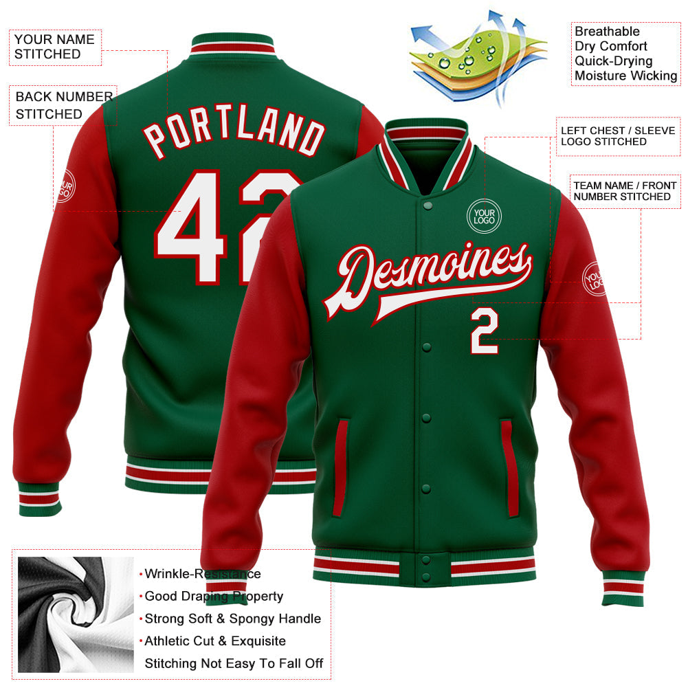 Custom Kelly Green White-Red Bomber Full-Snap Varsity Letterman Two Tone Jacket