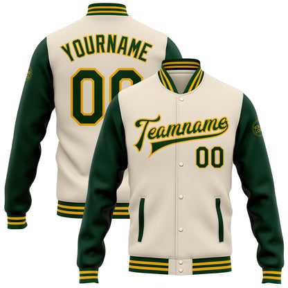 Custom Cream Green-Gold Bomber Full-Snap Varsity Letterman Two Tone Jacket