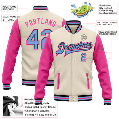 Custom Cream Light Blue Black-Pink Bomber Full-Snap Varsity Letterman Two Tone Jacket