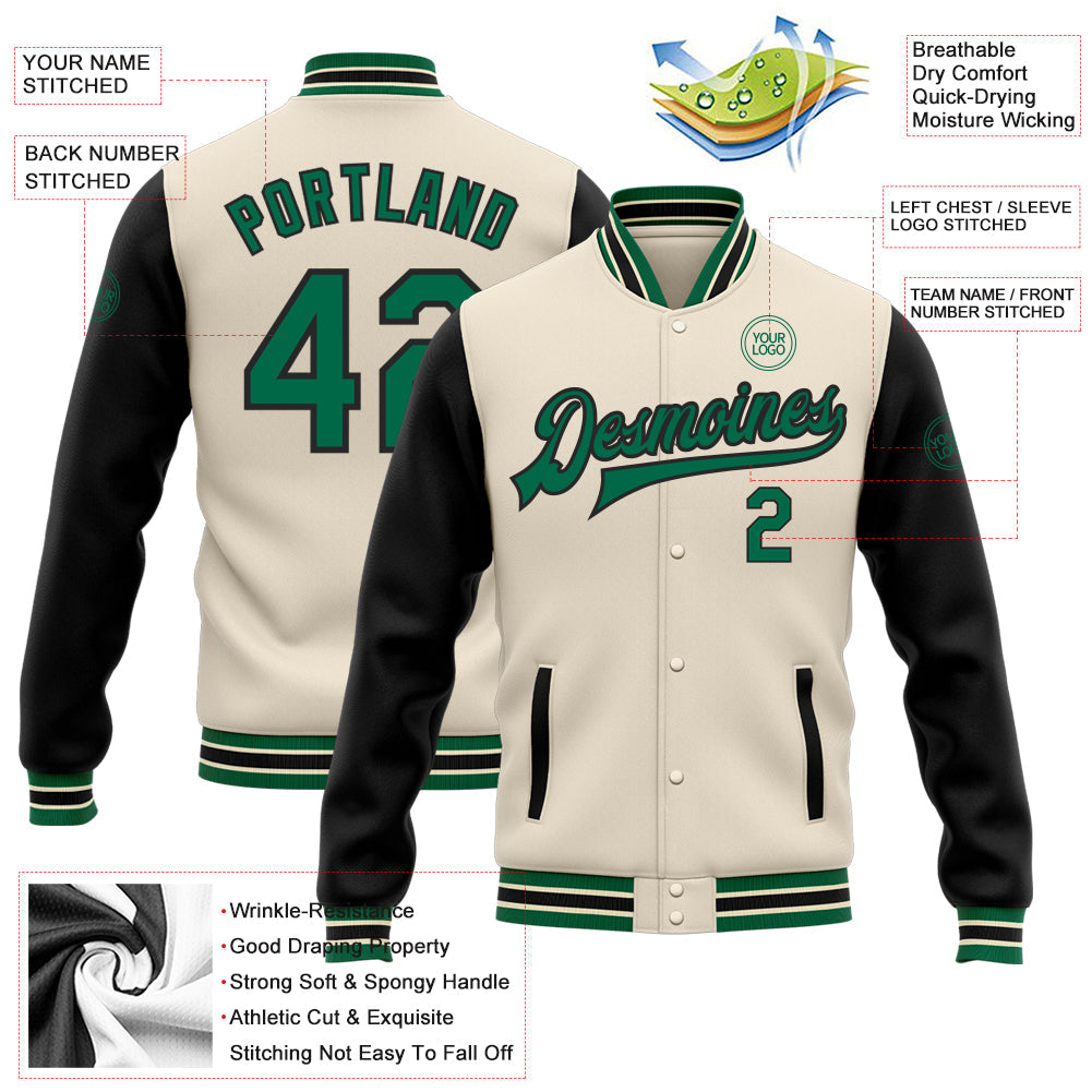 Custom Cream Kelly Green-Black Bomber Full-Snap Varsity Letterman Two Tone Jacket