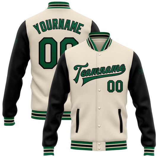 Custom Cream Kelly Green-Black Bomber Full-Snap Varsity Letterman Two Tone Jacket