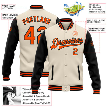 Custom Cream Orange-Black Bomber Full-Snap Varsity Letterman Two Tone Jacket